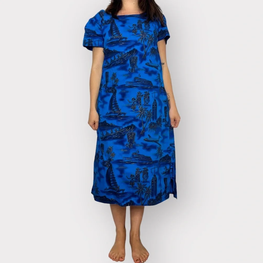 Vintage 60’s Mid Century, Travel, Novelty Print, Cotton, Bohemian Hawaiian Dress - Picture 4 of 10